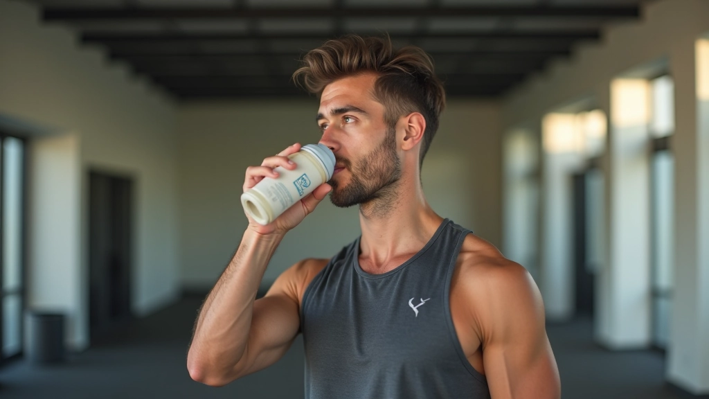 Pessoa a beber bebida de recuperação após treino, garrafas de suplemento desportivo visíveis, ambiente de ginásio ou exterior, luz clara