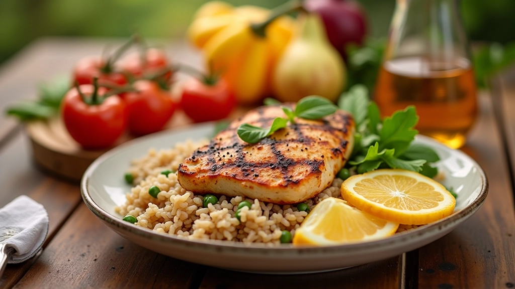Refeição nutritiva equilibrada com fruta, proteína e vegetais