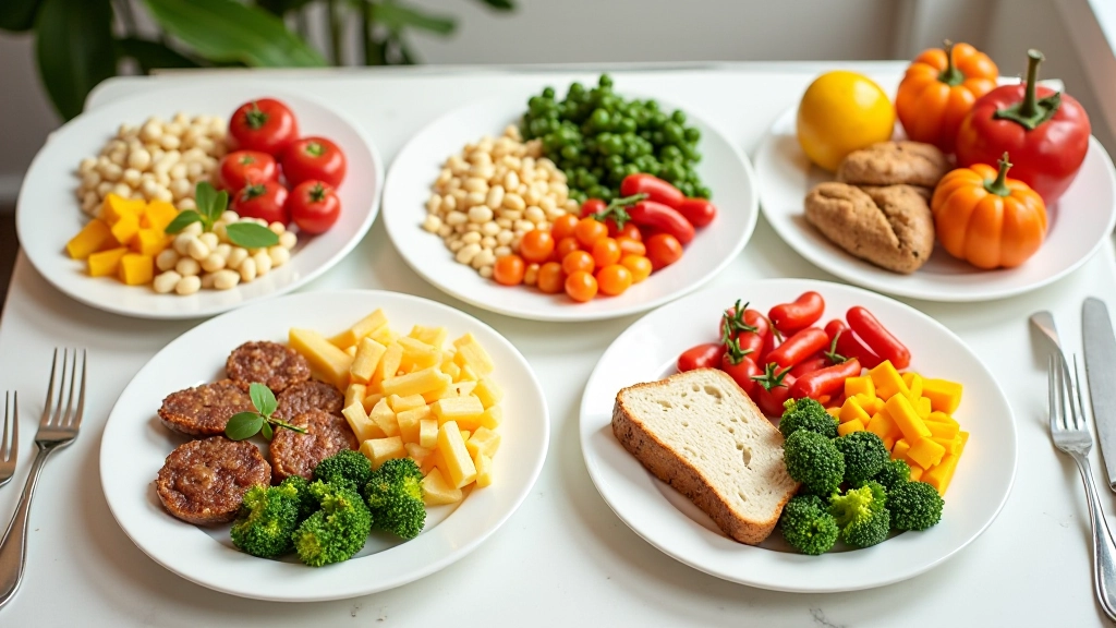 Pratos com diferentes quantidades de alimentos medidos para refeicao pre-treino