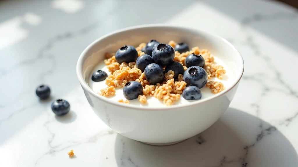 Iogurte grego com granola caseira e mirtilos num prato branco