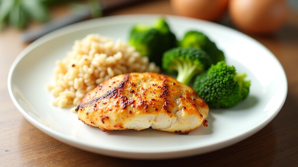 Prato com frango grelhado, arroz integral e brócolos, refeição pós-treino equilibrada