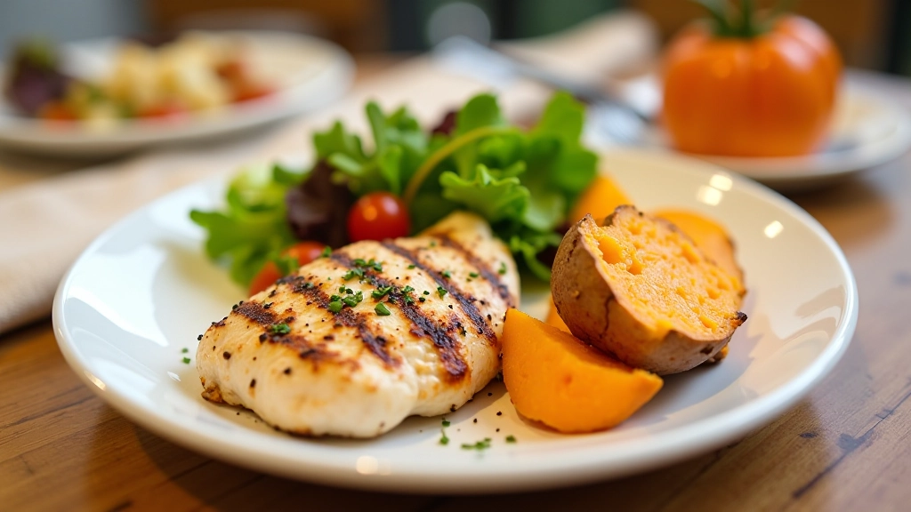 Refeição equilibrada com frango, batata doce e vegetais verdes num prato branco