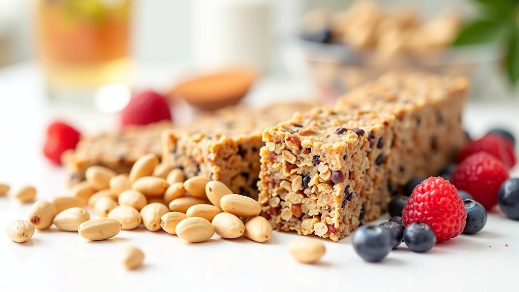 Snacks saudáveis: frutos secos, barras de cereais caseiras e fruta fresca numa mesa