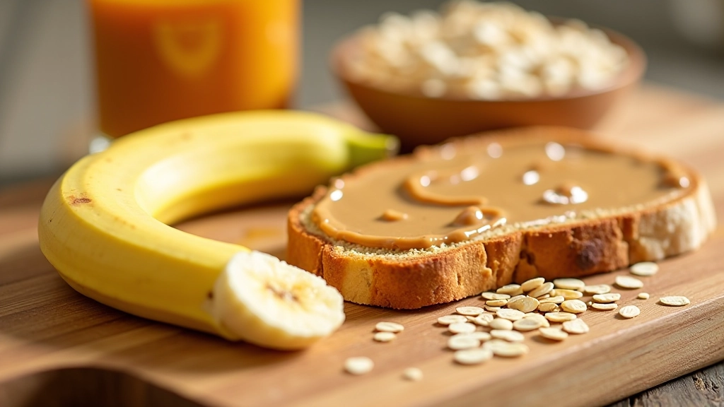 Banana com manteiga de amendoim, aveia com mel e pão integral dispostos numa tábua de madeira