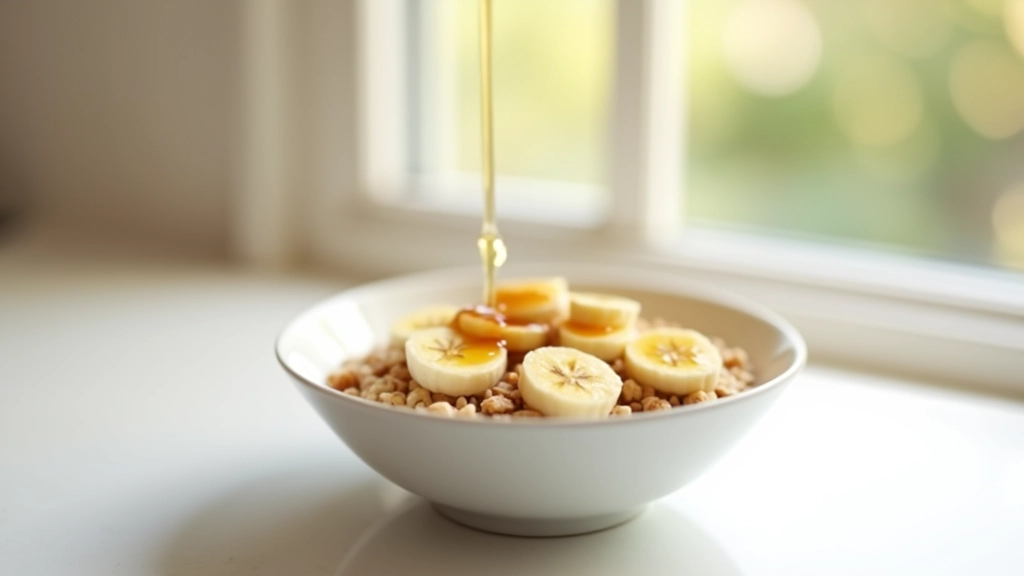 Tigela com banana, mel, aveia e mel numa mesa de cozinha branca