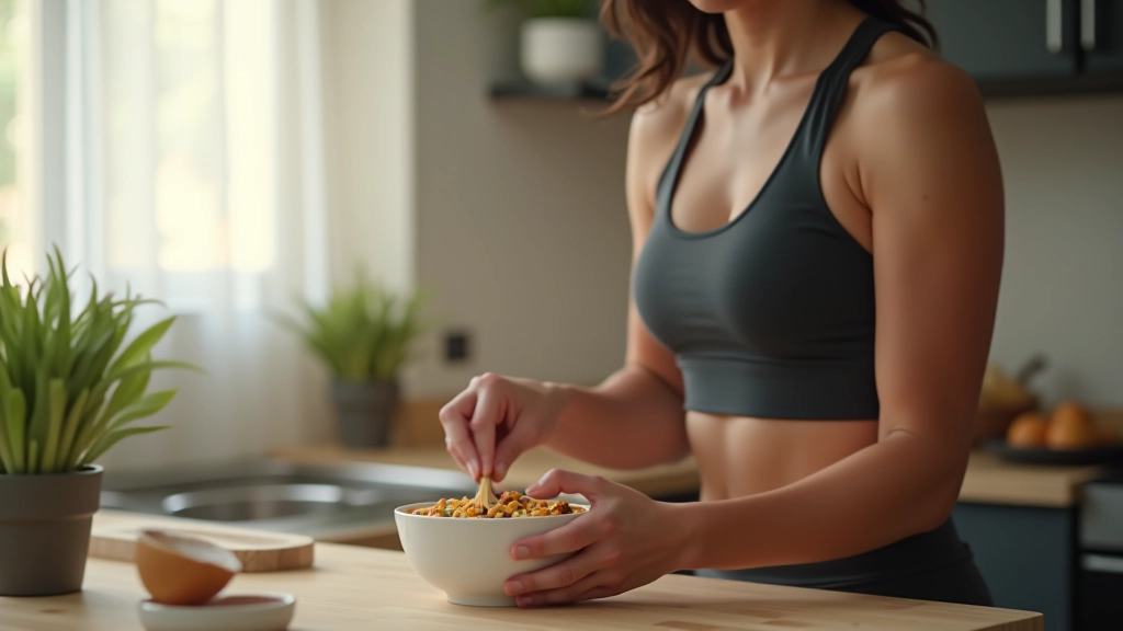 Atleta a preparar um snack saudável na cozinha antes do treino