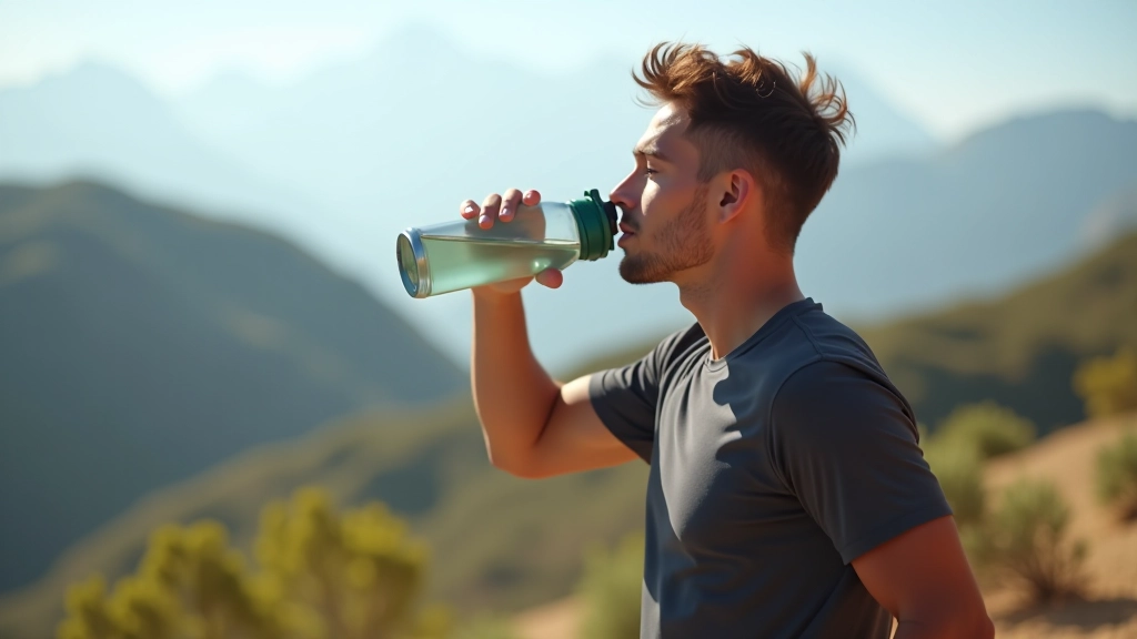 Pessoa a beber água de uma garrafa reutilizável, paisagem de montanha ao fundo, luz natural clara