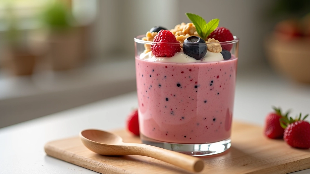 Smoothie pós-treino num copo de vidro com frutas vermelhas, iogurte e granola
