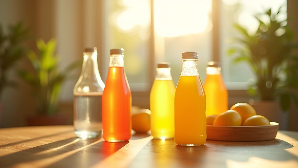 Bebidas desportivas com eletrólitos dispostas numa mesa, diferentes cores, garrafa de água ao lado, luz natural da janela